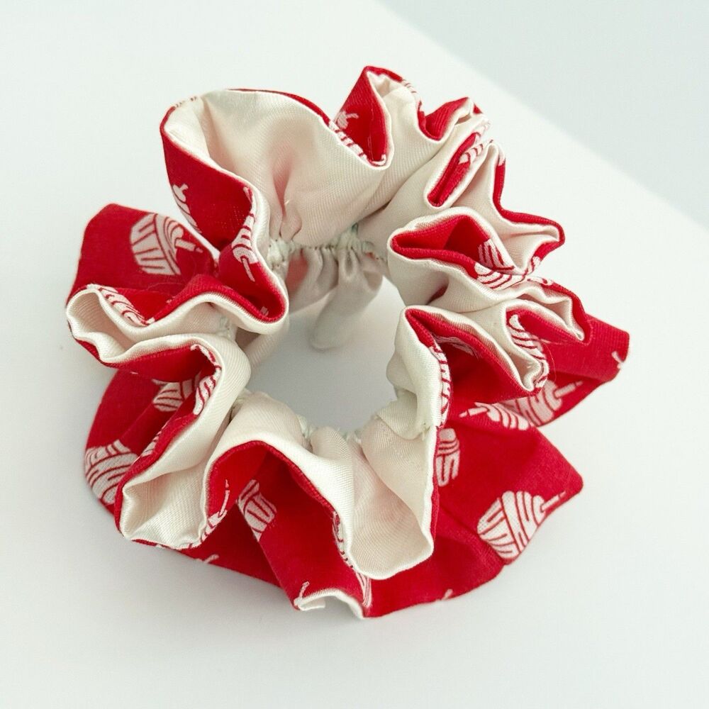 Handmade Red & Cream Scrunchie Hair Tie Ruffled Elastic Ponytail Holder - Picture 7 of 13